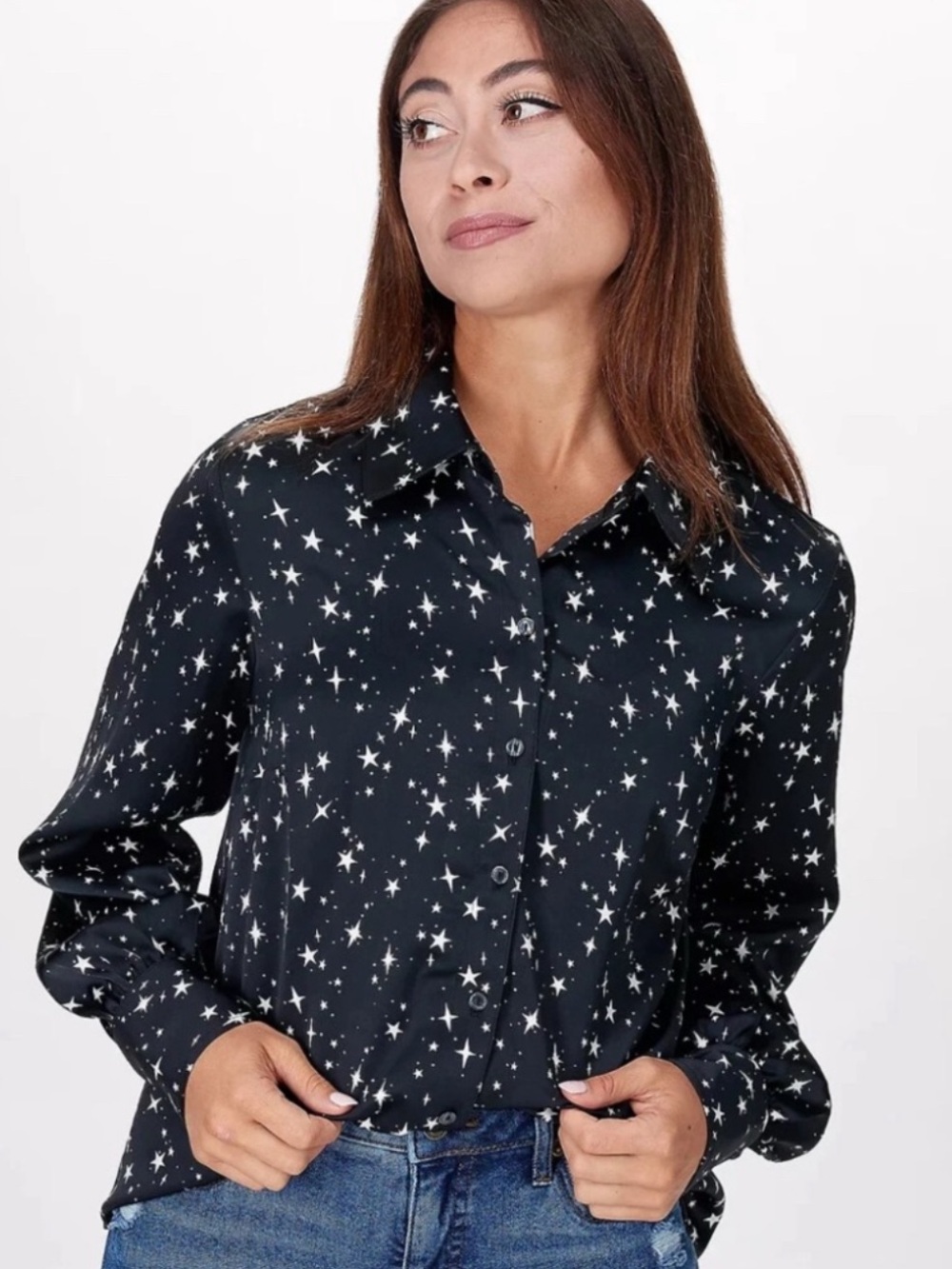 NWOT Candace Cameron Bure Black Star-Print Button Front Satin Blouse